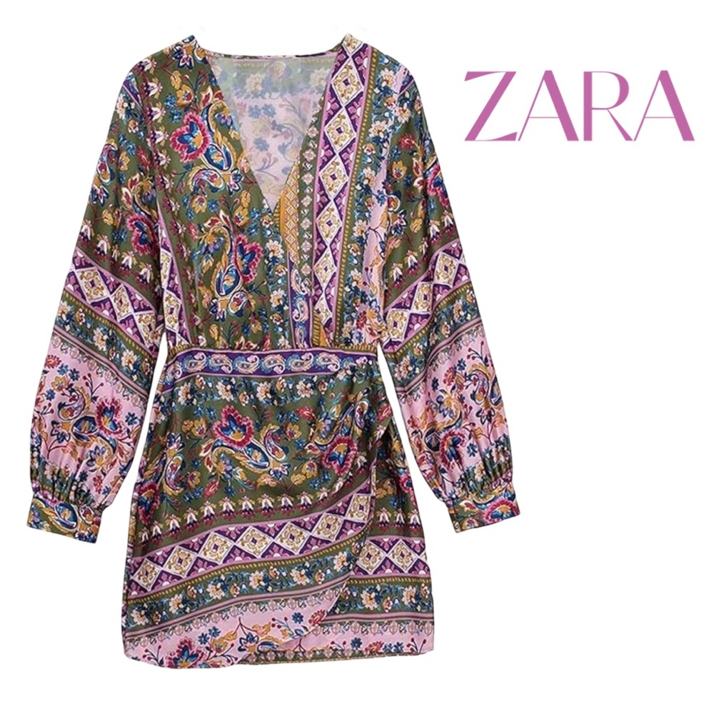 Zara Vibrant Purple/Pink Satin Effect Dress Bohemian Mini Dress Sz S NWOT